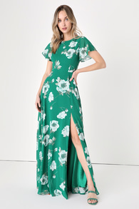 Classic Love Green Floral Print Tie-Back Maxi Dress