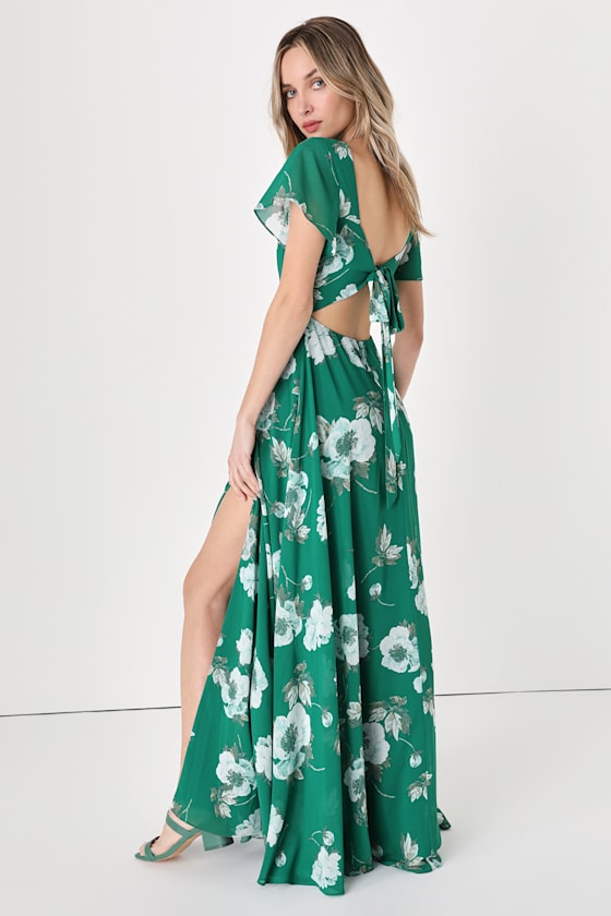 gish green romance floral print tie neck silk dress