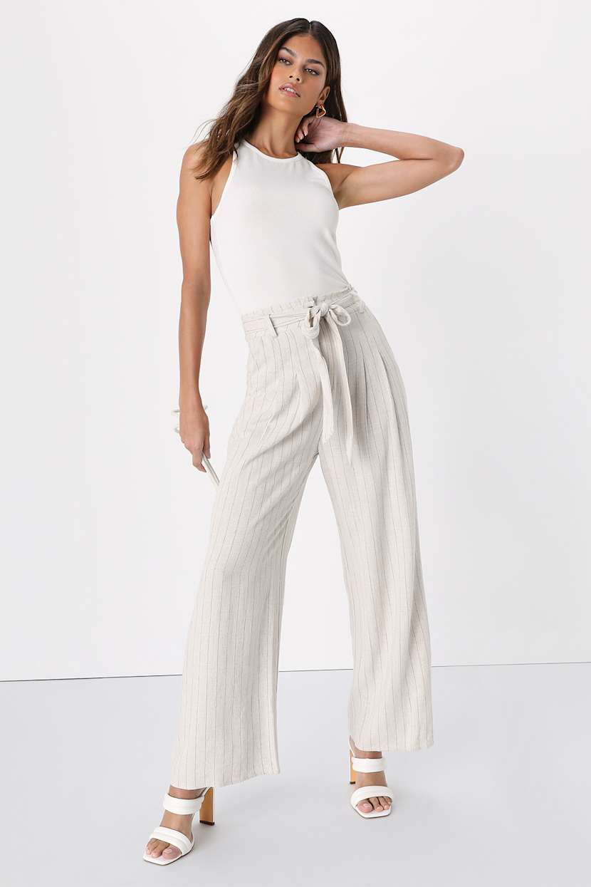 Beige Striped Pants - Belted High-Waisted Pants - Wide-Leg  display picture 1