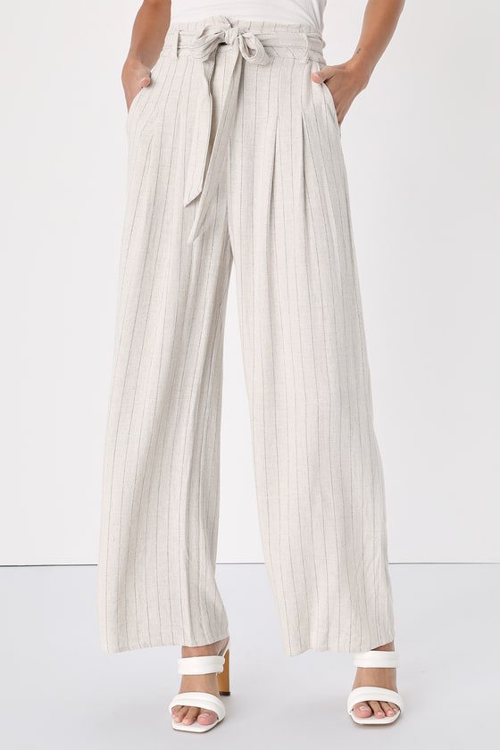 Beige Striped Pants - Belted High-Waisted Pants - Wide-Leg Pants - Lulus