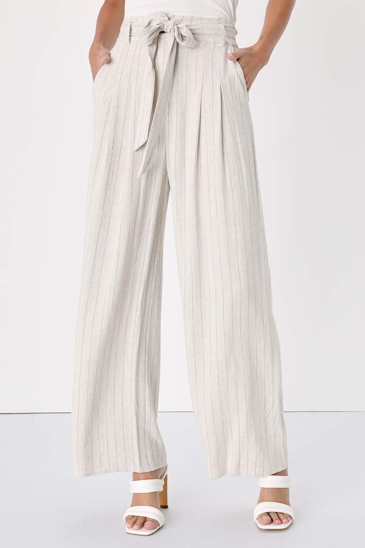 Lulus Trend Alert Beige Belted High-waisted Wide-leg Pants - Size M Beige Pants - Wide-Leg Trouser Pants - Linen Belted Pants  main image 3