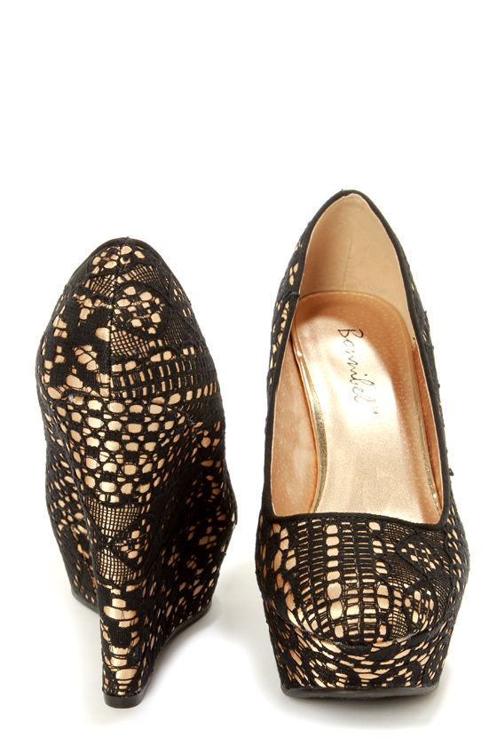 Ailey 2 Black Lace Platform Wedges - $34.00