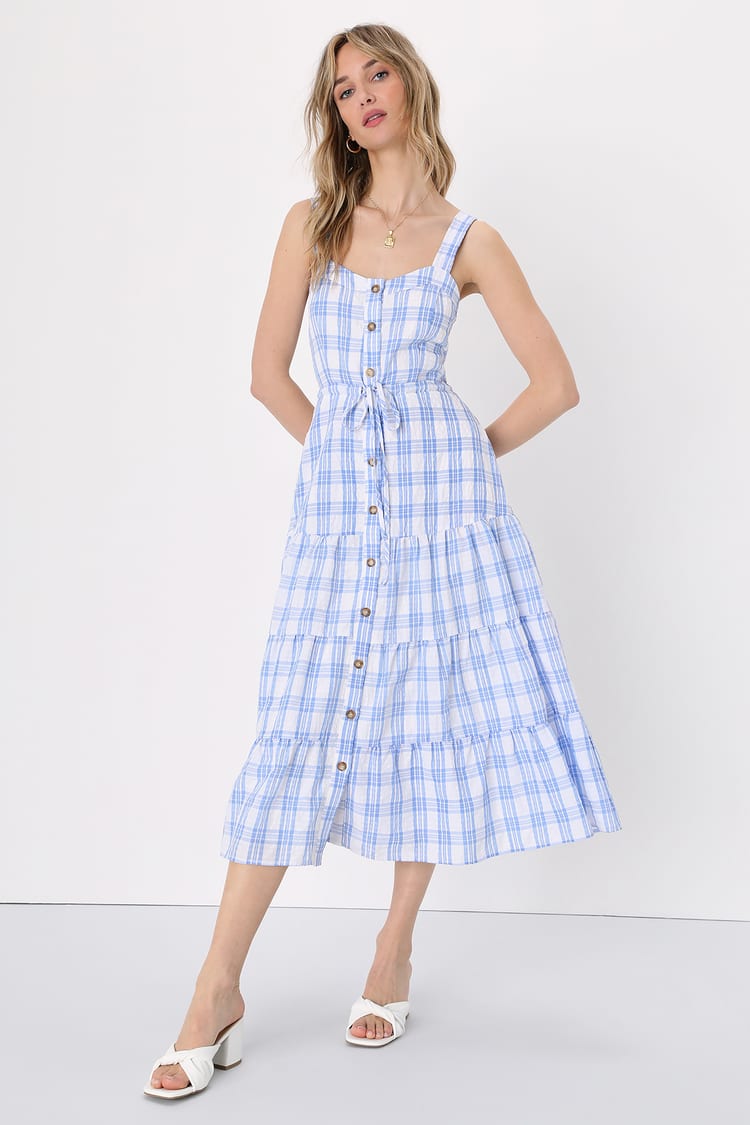 White and Blue Plaid Dress - Tiered Midi Dress - Button-Up Dress - Lulus