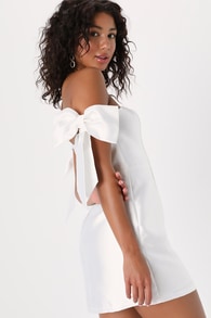Perfectly Forever White Off-the-Shoulder Bow Mini Dress