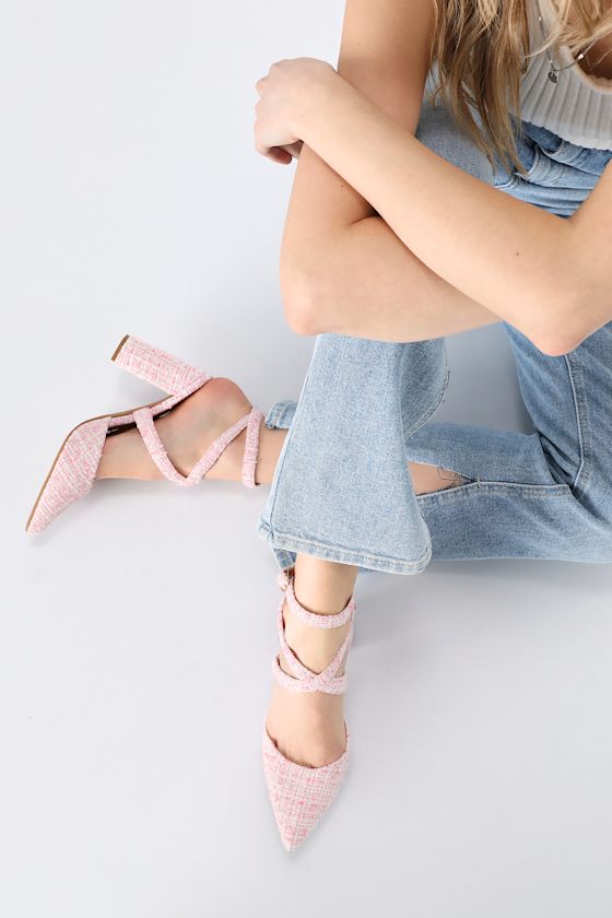 Panzy Pink Boucle Pointed-Toe Ankle Wrap Pumps 1