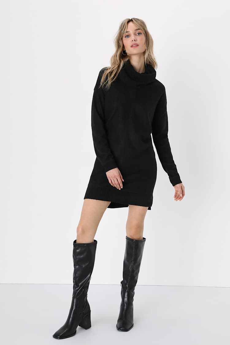 cowl neck black sweater dress Medium 80s Black Knit Cowl Neck Mini Sweater Dress – Flying Apple Vintage main image 1