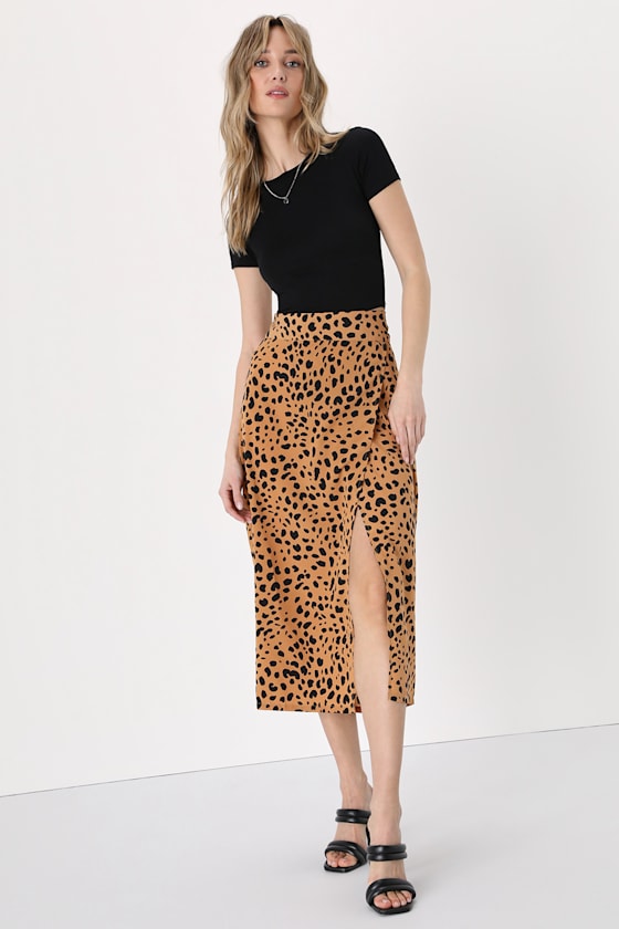 Statement-Maker Tan Animal Print Wrap Midi Skirt 8