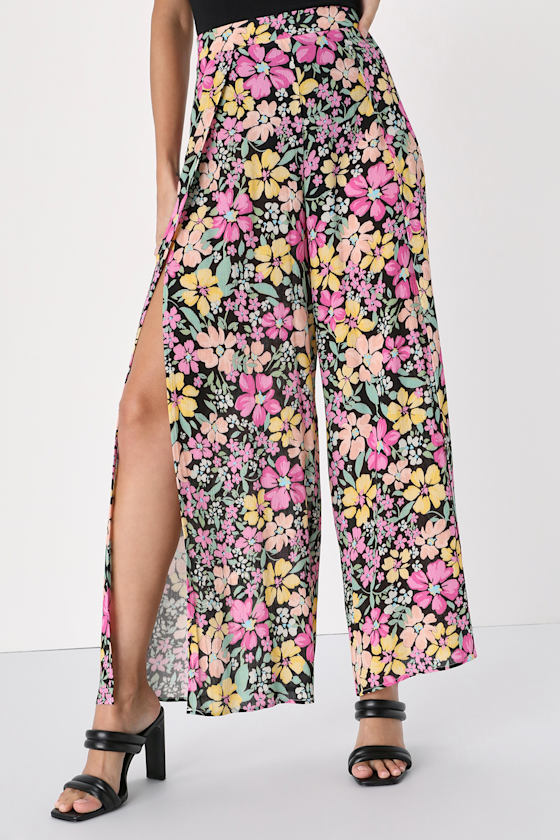 Pre-Order Black Floral Print Smocked High Waist Wide Leg Pants