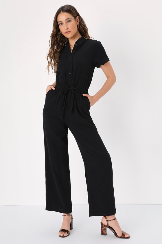 Lulus Laidback Living Black Button-front Short Sleeve Jumpsuit