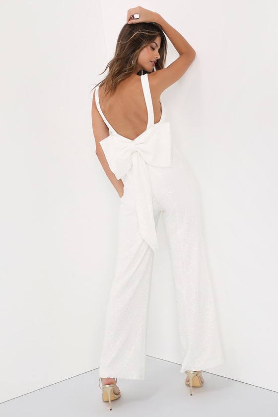 Lulus Feeling Sparkly White Sequin Bow Wide-leg Jumpsuit