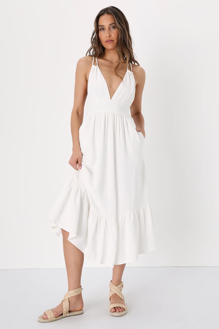white strappy beach dress Strapless White A Line Pleated Beach Dress with Slit main image 0