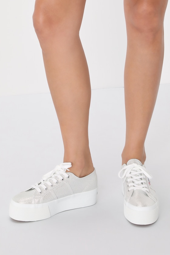 Superga 2790 Lamã© Grey Silver Shiny Platform Sneakers