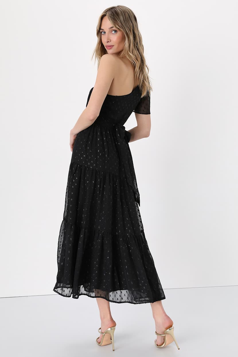 Black Metallic Gold Midi Dress - Dot Dress - One-Shoulder Dress - Lulus