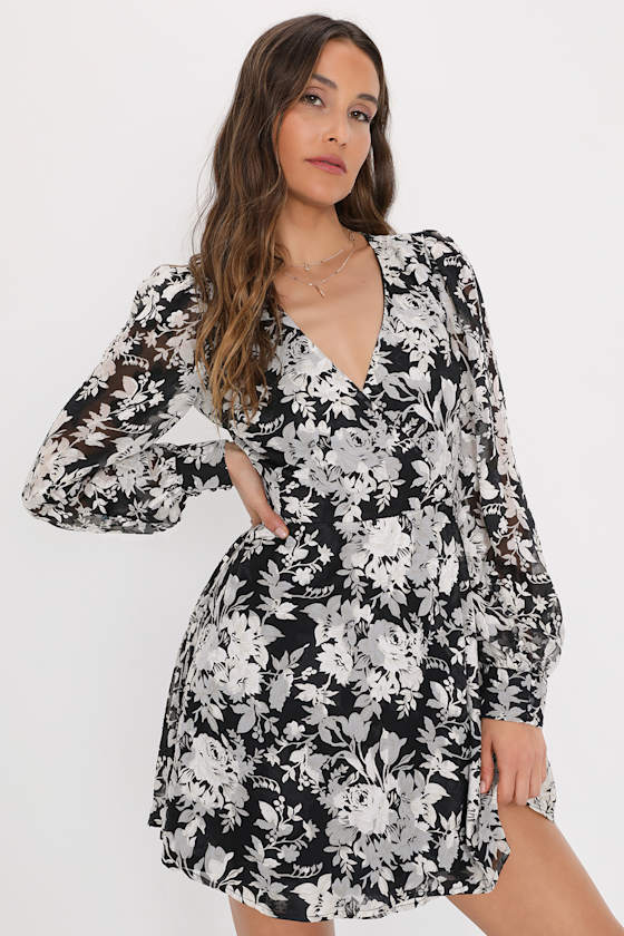 Black and White Dress Mini Wrap Dress Floral Jacquard Dress Lulus