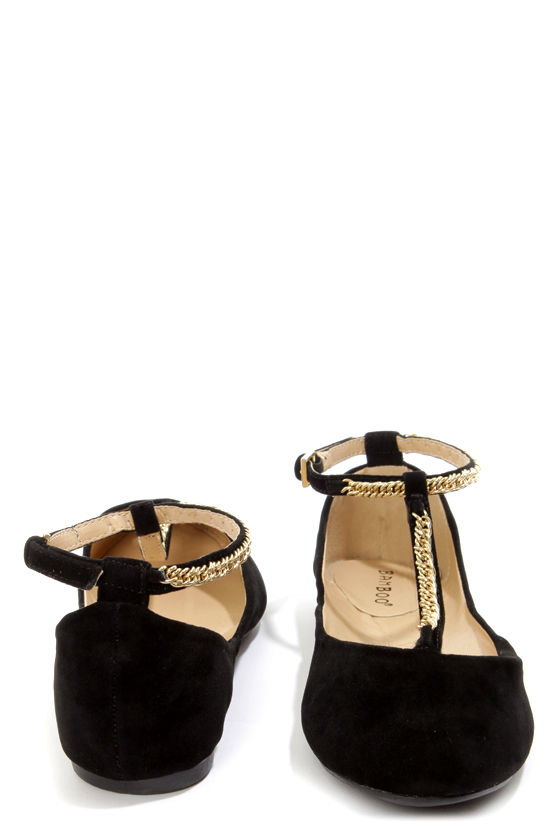Bamboo Zelous 01 Black Chain T-Strap Ballet Flats - $26.00