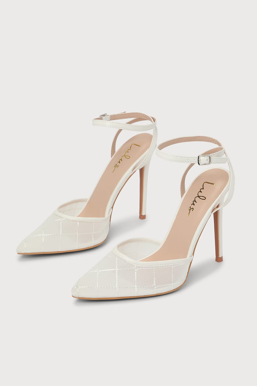 Louize White Embroidered Ankle-Strap Heels
