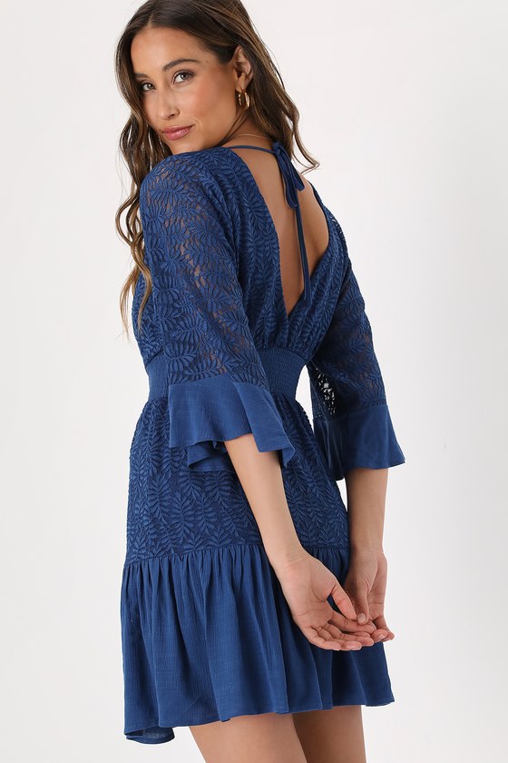 Blue Embroidered Dress - Mini Dress - Three-Quarter Sleeve Dress - Lulus