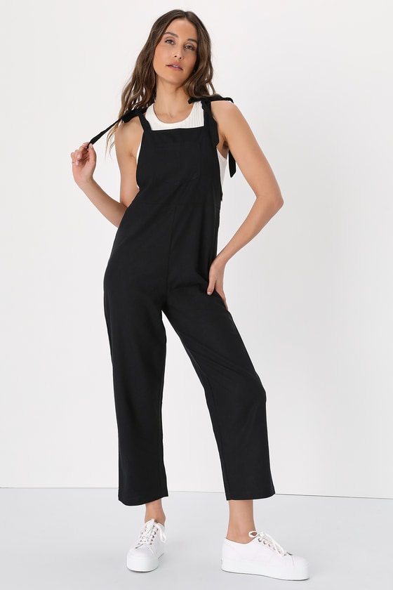 Black Linen Jumpsuit - Tie-Strap Jumpsuit - Slim Fit Jumpsuit - Lulus
