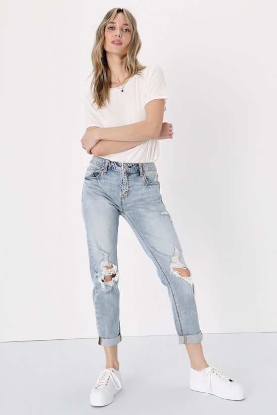 Frankie Light Wash Distressed Mid-Rise Girlfriend Jeans 6