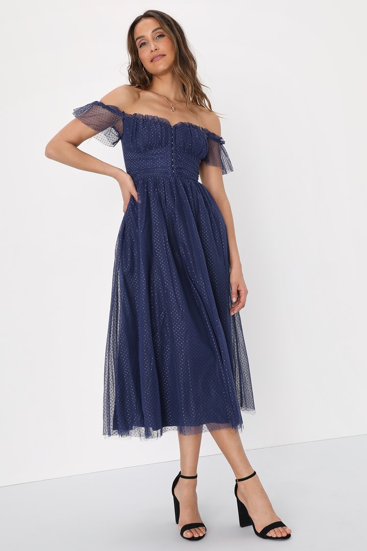 Regal Radiance Navy Blue Tulle Bustier Midi Dress