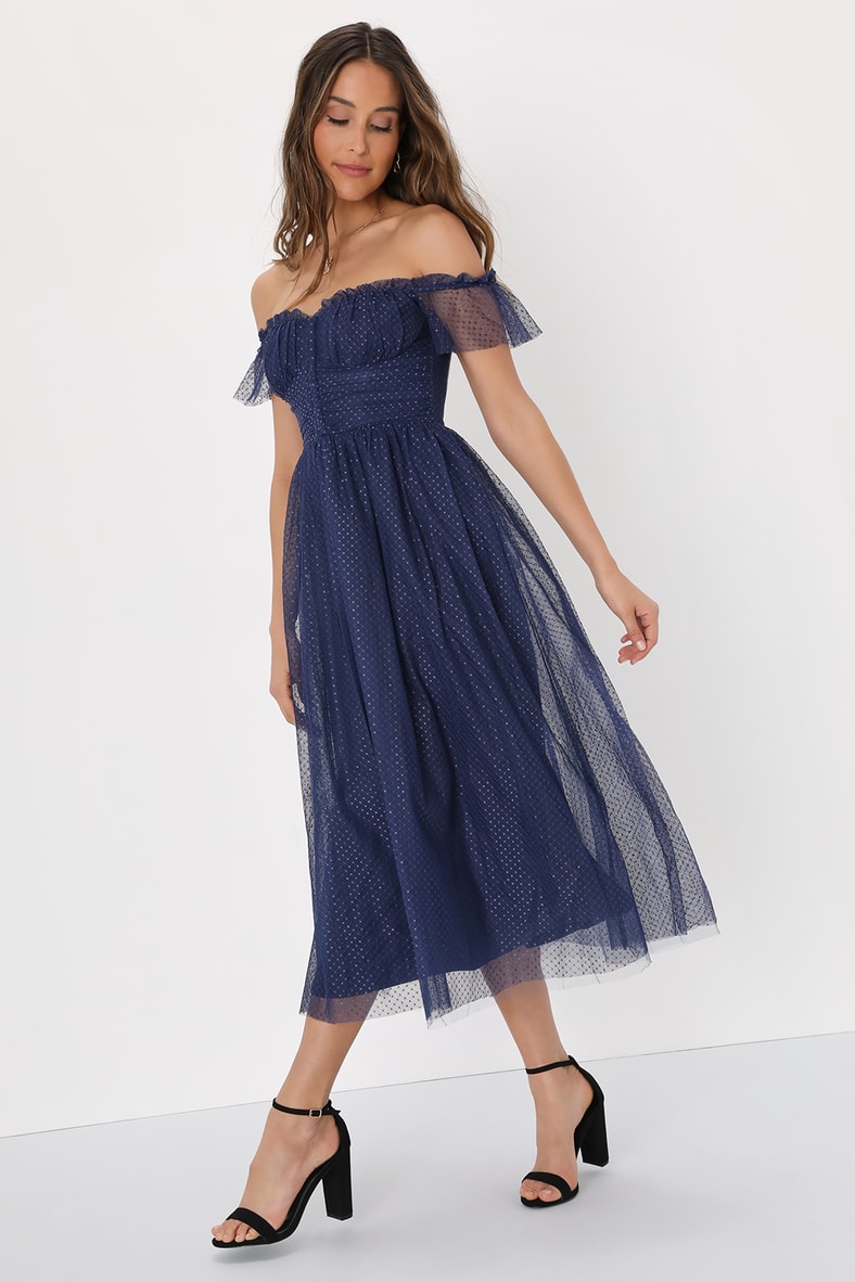 Regal Radiance Navy Blue Tulle Bustier Midi Dress