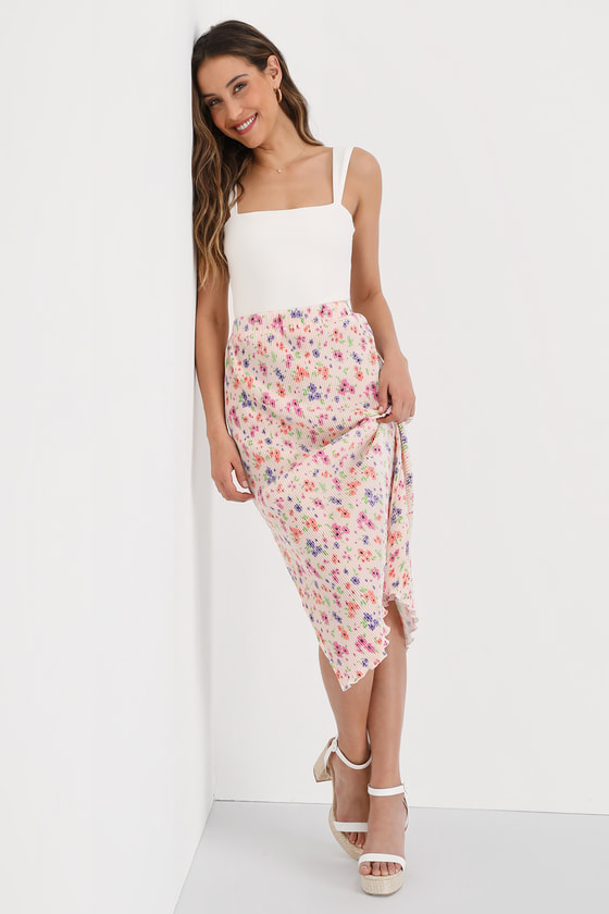 Gio Cream Satin Floral Print Plisse Midi Skirt