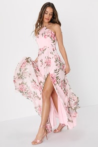 Romantic Marvel Pink Floral Print Halter Neck Maxi Dress