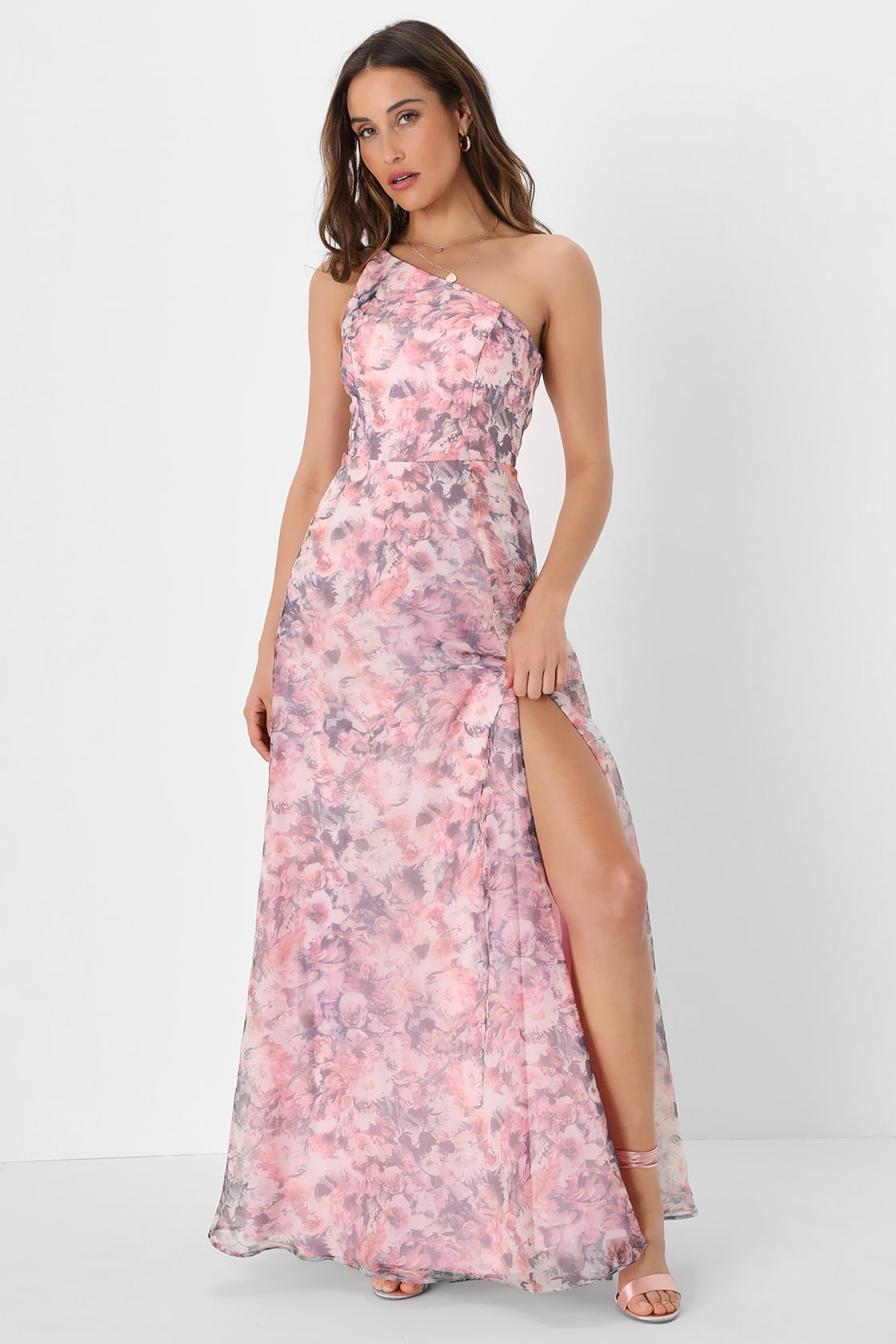 Exquisite Affair Pink Floral Organza One-Shoulder Maxi Dress