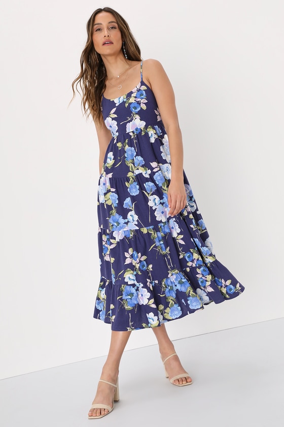 Mykonos Mood Navy Blue Floral Print Tie-Strap Tiered Midi Dress
