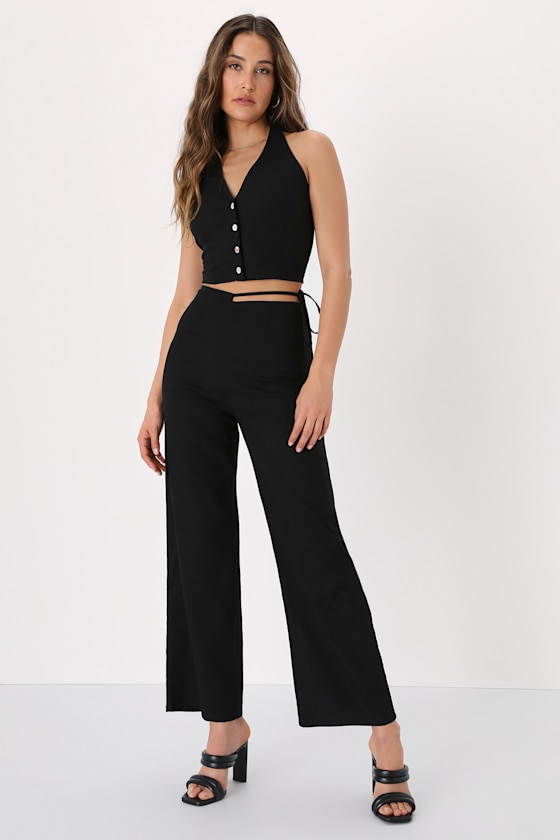 Black Asymmetrical Pants - Wide Leg Linen Pants - Side Tie