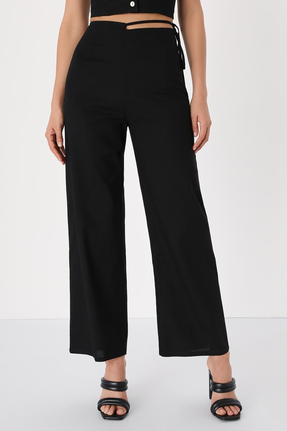 lulus.com | Exceptional Energy Black Asymmetrical Wide Leg Linen Pants