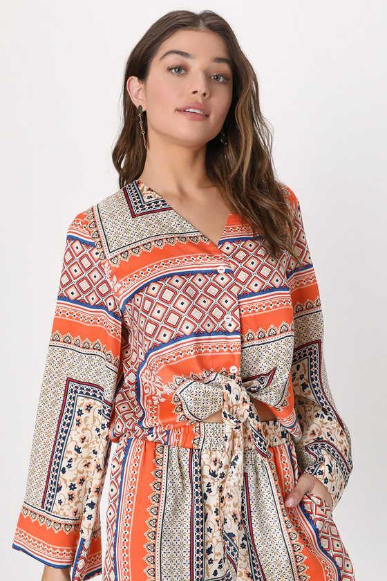 Orange Scarf Print Top - Satin Tie-Front Top - Button-Up Blouse - Lulus