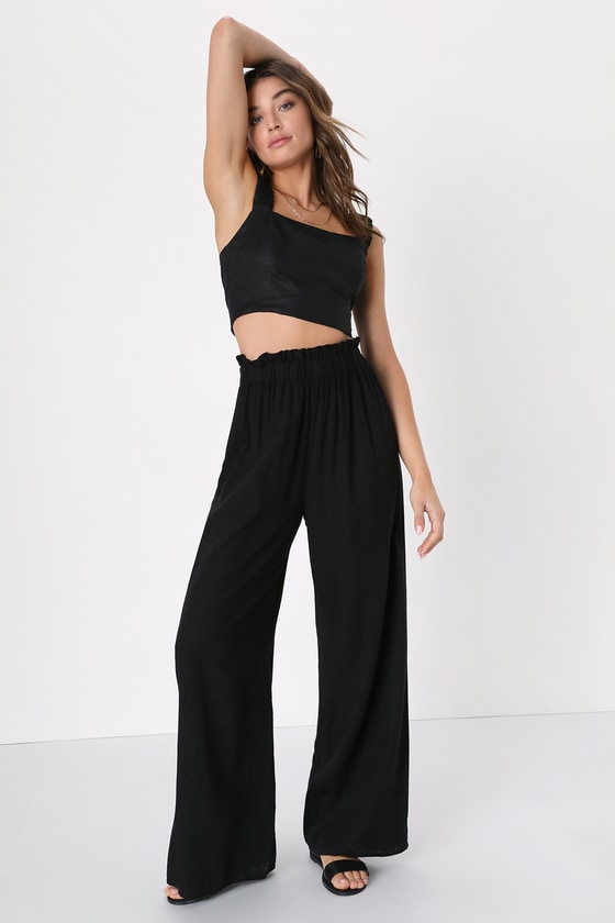 Black Wide-Leg Pants - Linen-Blend Pants - Paperbag Waist Pants - Lulus