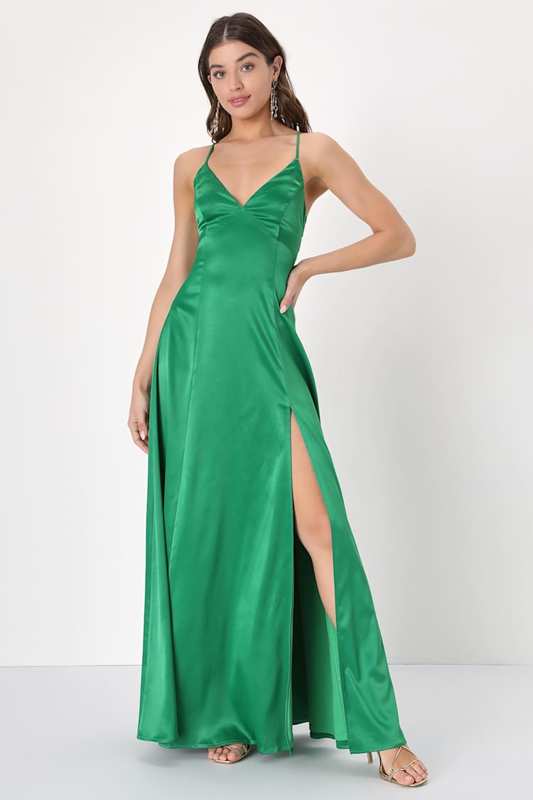 Enchanting Appearance Green Satin Lace-Up Maxi Dress