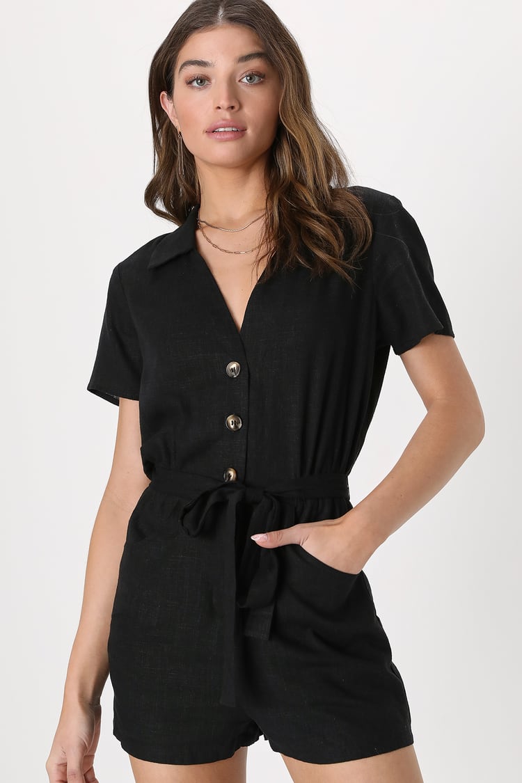 Effortless Confidence Black Button-Front Short Sleeve Romper