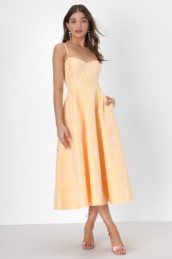 Lulus Meet For Tea Yellow Jacquard Bustier Midi Dress With Pockets