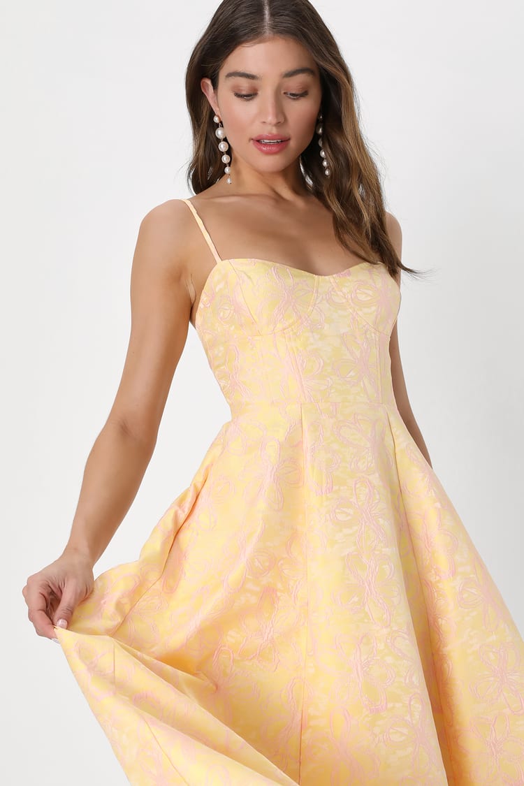 Meet for Tea Yellow Jacquard Bustier Midi Dress With Pockets