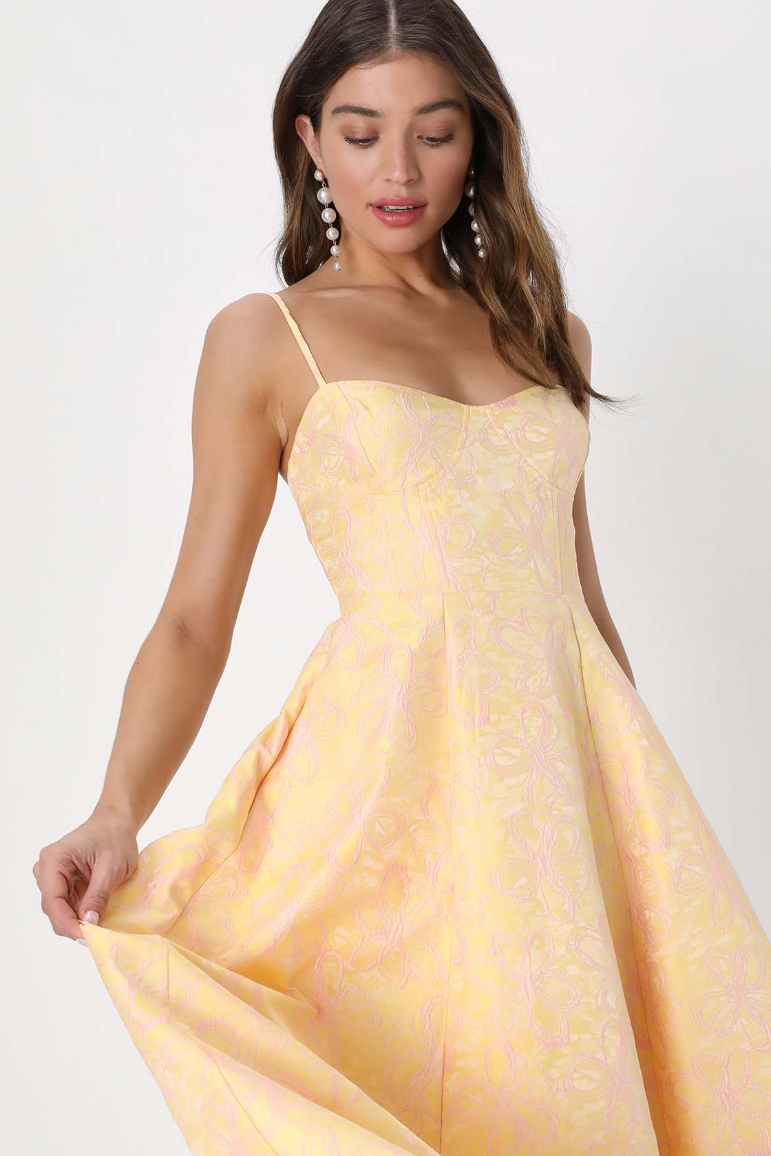 Meet for Tea Yellow Jacquard Bustier Midi Dress With Pockets