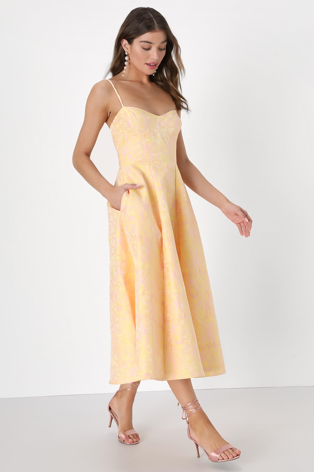 Meet for Tea Yellow Jacquard Bustier Midi Dress With Pockets