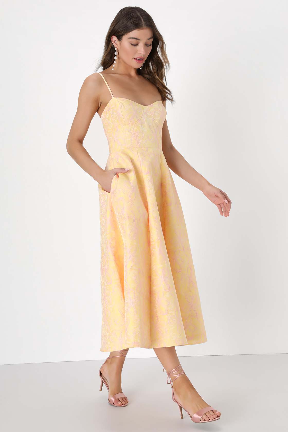 Meet for Tea Yellow Jacquard Bustier Midi Dress With Pockets