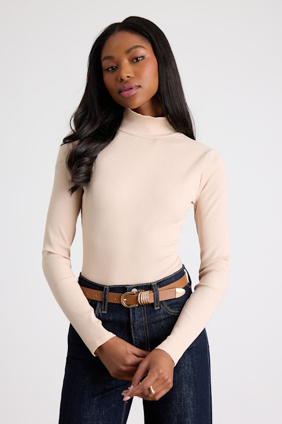 Beige Long Sleeve Bodysuit - Mock Neck Bodysuit - Ribbed Bodysuit