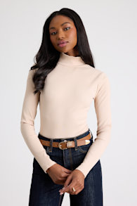 Wilde Beige Ribbed Long Sleeve Mock Neck Bodysuit 1