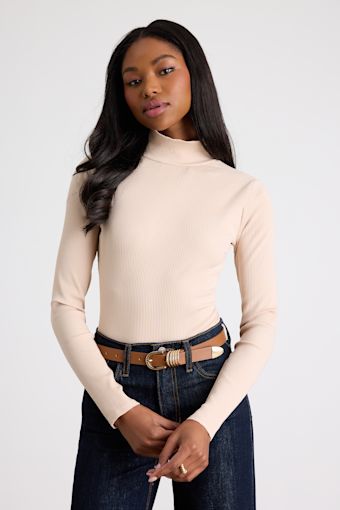 Wilde Beige Ribbed Long Sleeve Mock Neck Bodysuit 1