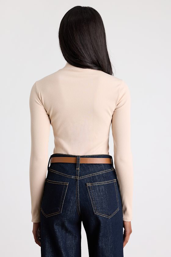 Wilde Beige Ribbed Long Sleeve Mock Neck Bodysuit 3