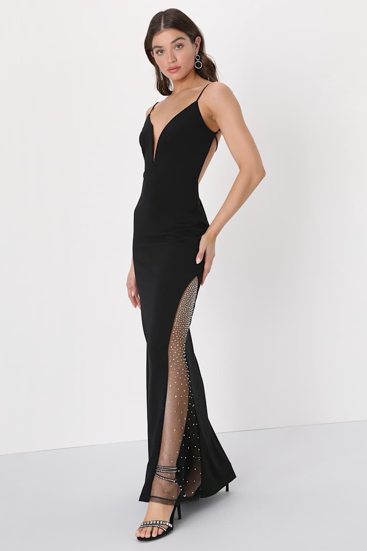 Mesmerizing Marvel Black Rhinestone Backless Mermaid Maxi Dress