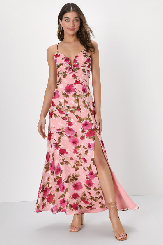 Pink Floral Print Maxi Dress - Floral Burnout Dress - V-Bar Dress - Lulus