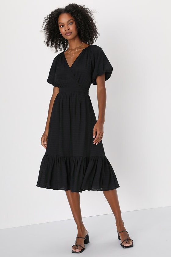 Lulus Adorable Type Black Surplice Puff Sleeve Midi Dress