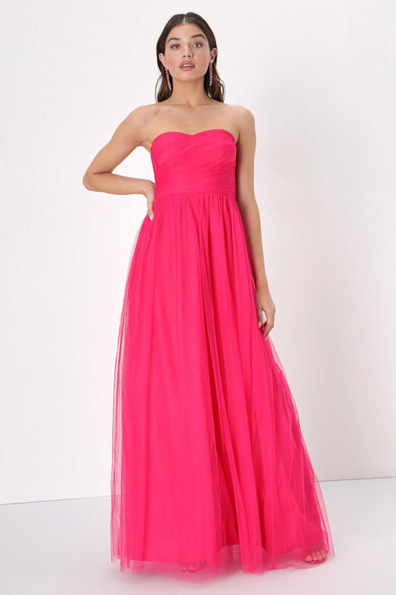 Pink Glitter Dress Maxi Dress Strapless Tulle Dress Lulus