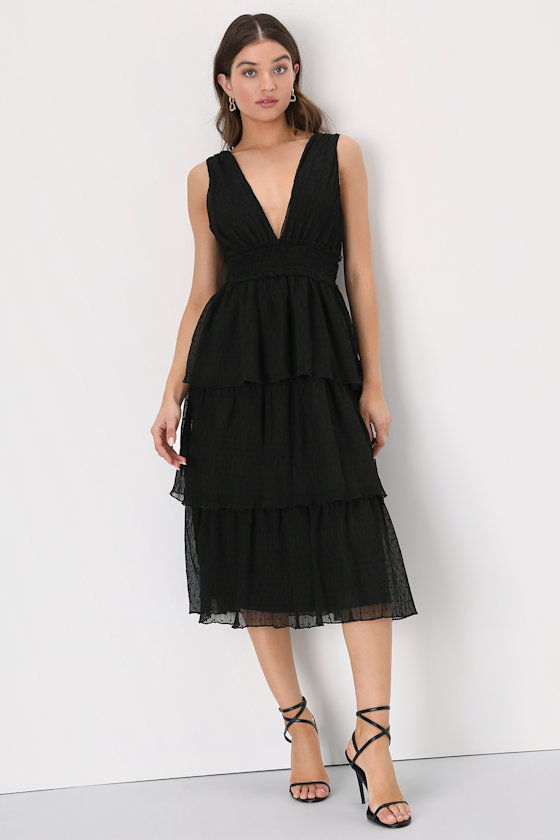 Black Midi Dress Swiss Dot Dress Tiered Midi Dress Lulus