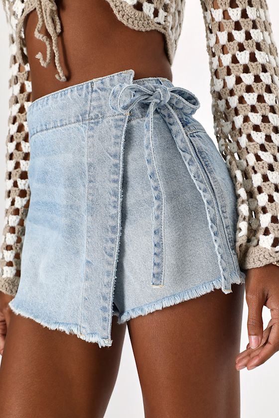 Emmy Light Wash Side-Tie Wrap Denim Skort 3